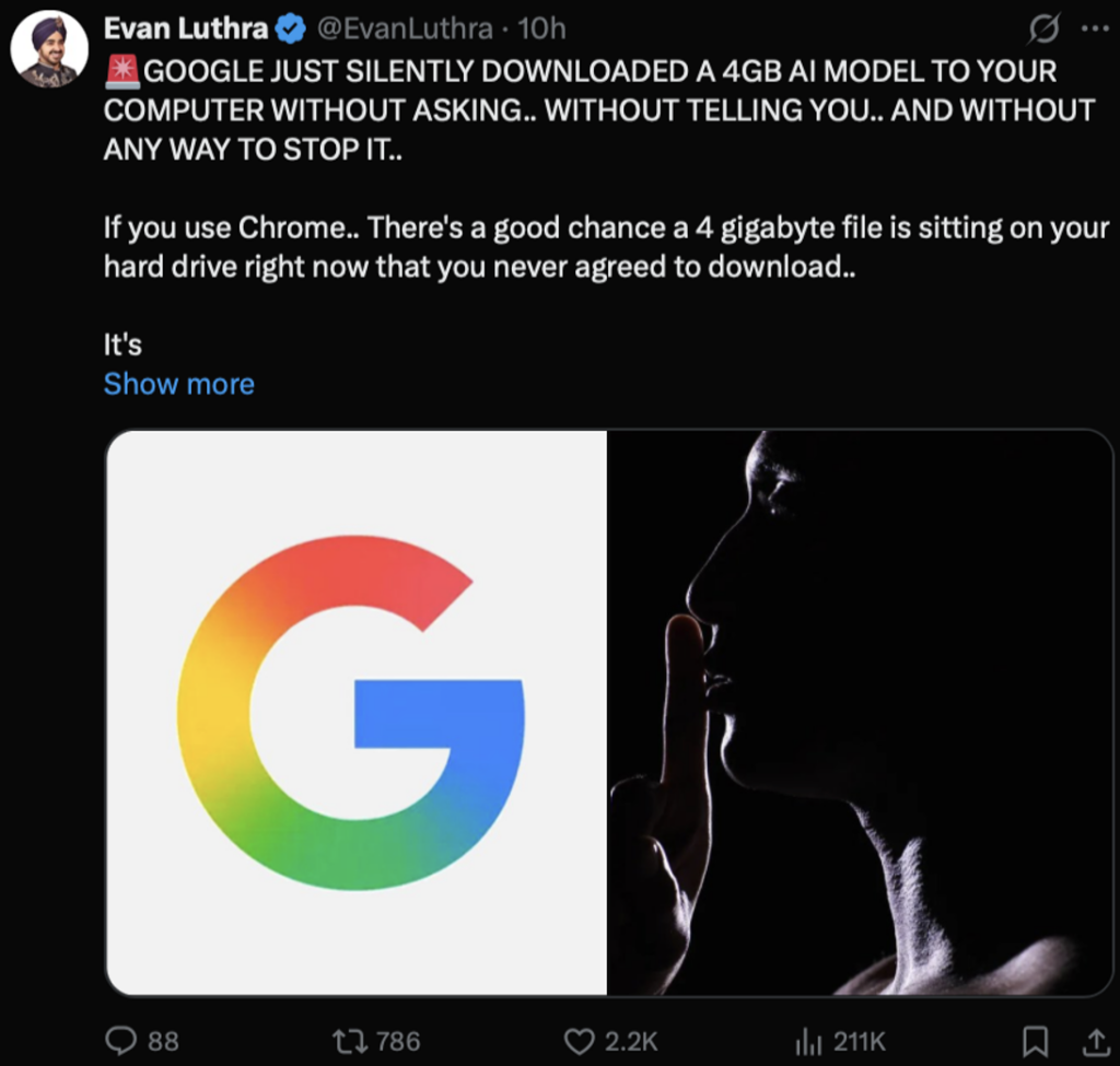 Is Google Chrome downloading an AI model onto devices without user ...